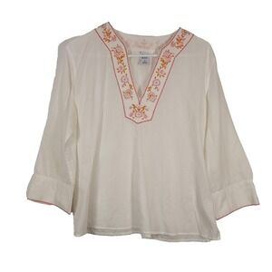 Gap Shirt Womens Medium White Embroidered Boho Peasant Tunic 3/4 Sleeve Cotton